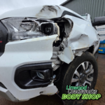 Damaged front bumper and wing on a Ford Ranger before repair at Linwood Coachworks Paisley