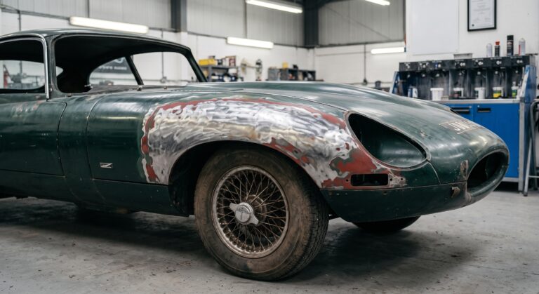 Classic car wing stripped to bare metal during an auto body restoration at Linwood Coachworks