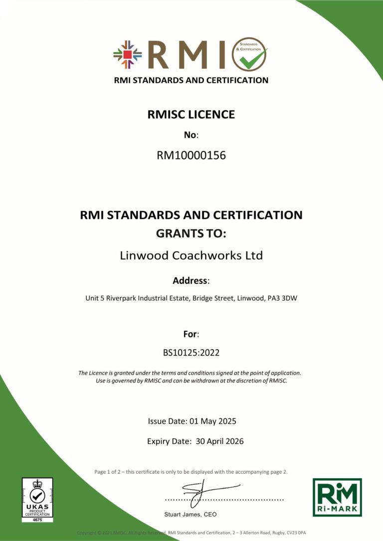 BS10125 accreditation certificate at Linwood Coachworks Paisley