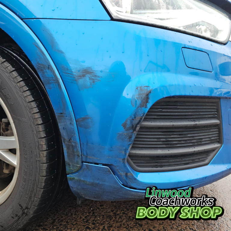 Damaged bumper before repair at Linwood Coachworks Paisley