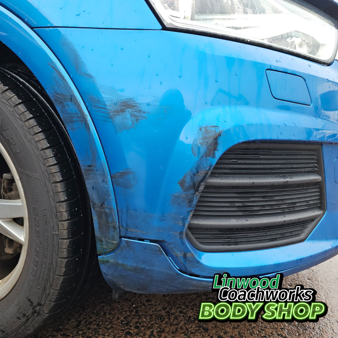 Bumper and wing damage before repair at Linwood Coachworks Paisley