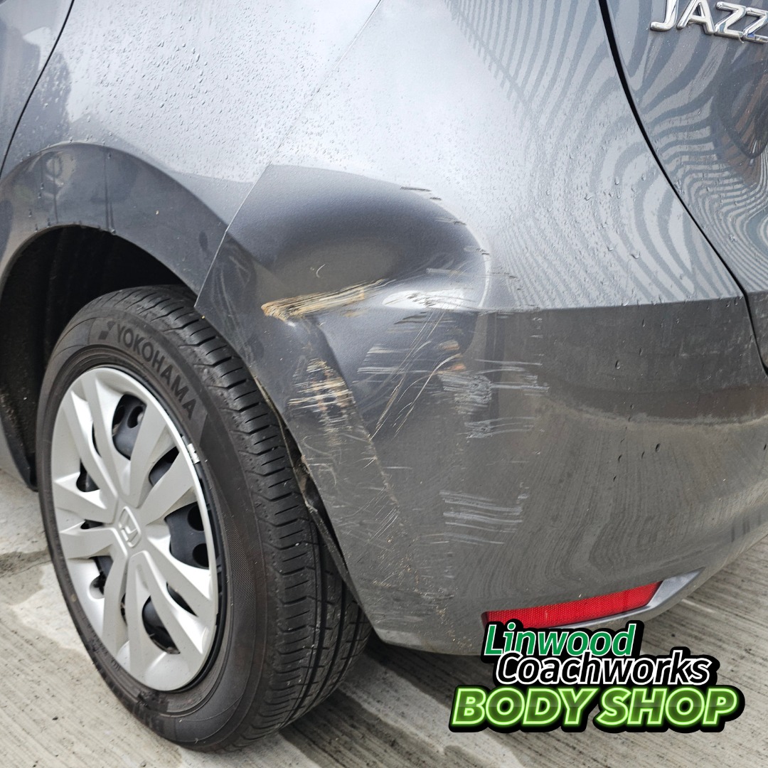 Honda Jazz rear quarter and bumper damage before repair Paisley