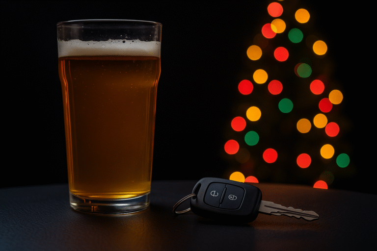 A pint of beer beside car keys with Christmas lights in the background, symbolising drink driving awareness during the festive season by Linwood Coachworks Body Shop.