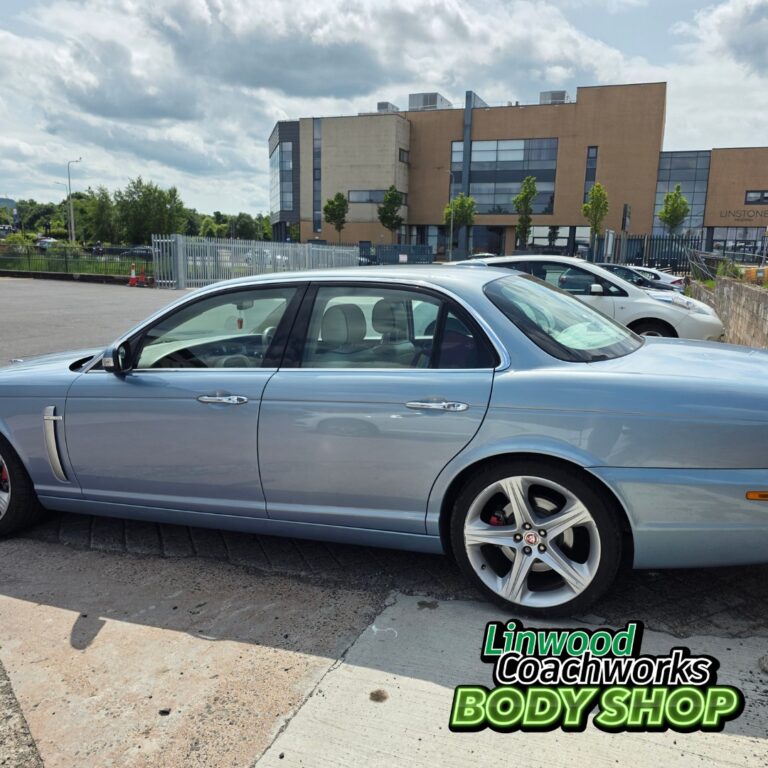 Jaguar with paint damage repaired at Linwood Coachworks bodyshop Paisley