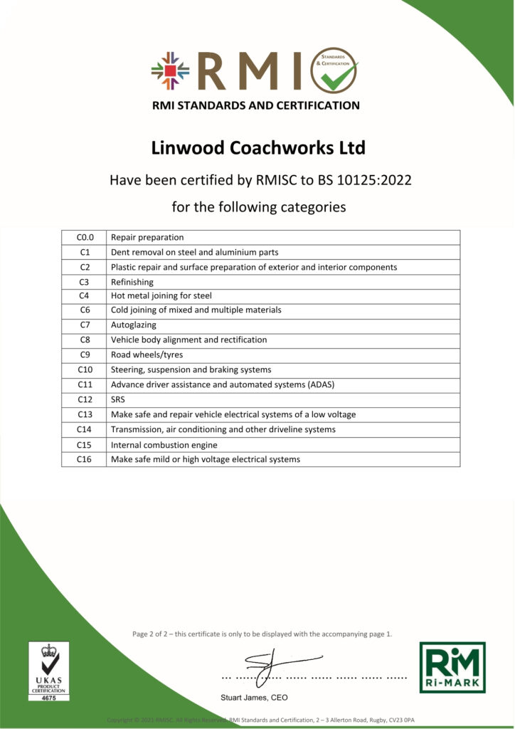 Linwood Coachworks BSI BS10125 certificate 2027