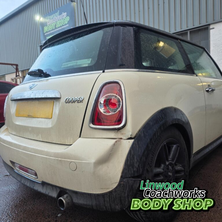 Mini Cooper with body damage before repair at Linwood Coachworks Paisley