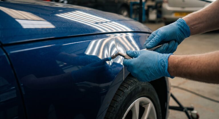 Close-up of paintless dent repair PDR being carried out on a blue car wing using specialist reflection light board at Linwood Coachworks
