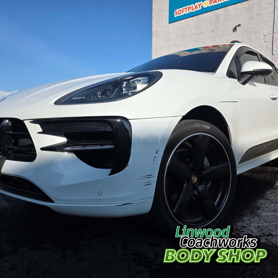 Porsche Macan front wing and bumper damage before repair Paisley